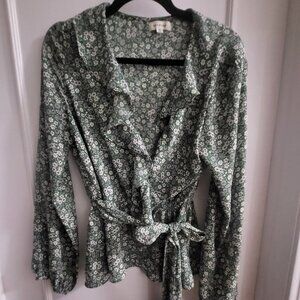 Max Studio Green Floral Wrap Ruffle Front Peplum Blouse Size Medium